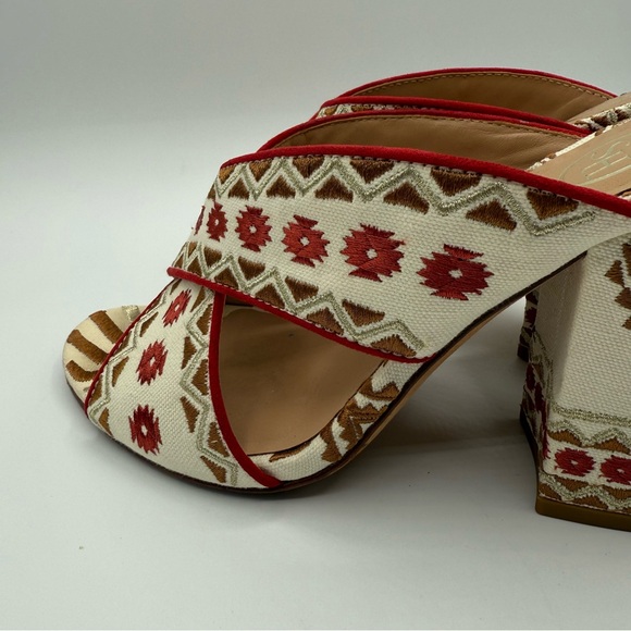 ASH Red Aztec Embroidered Padded Adel Round Toe Block Heel Slip On Heeled Sandal - Picture 15 of 16